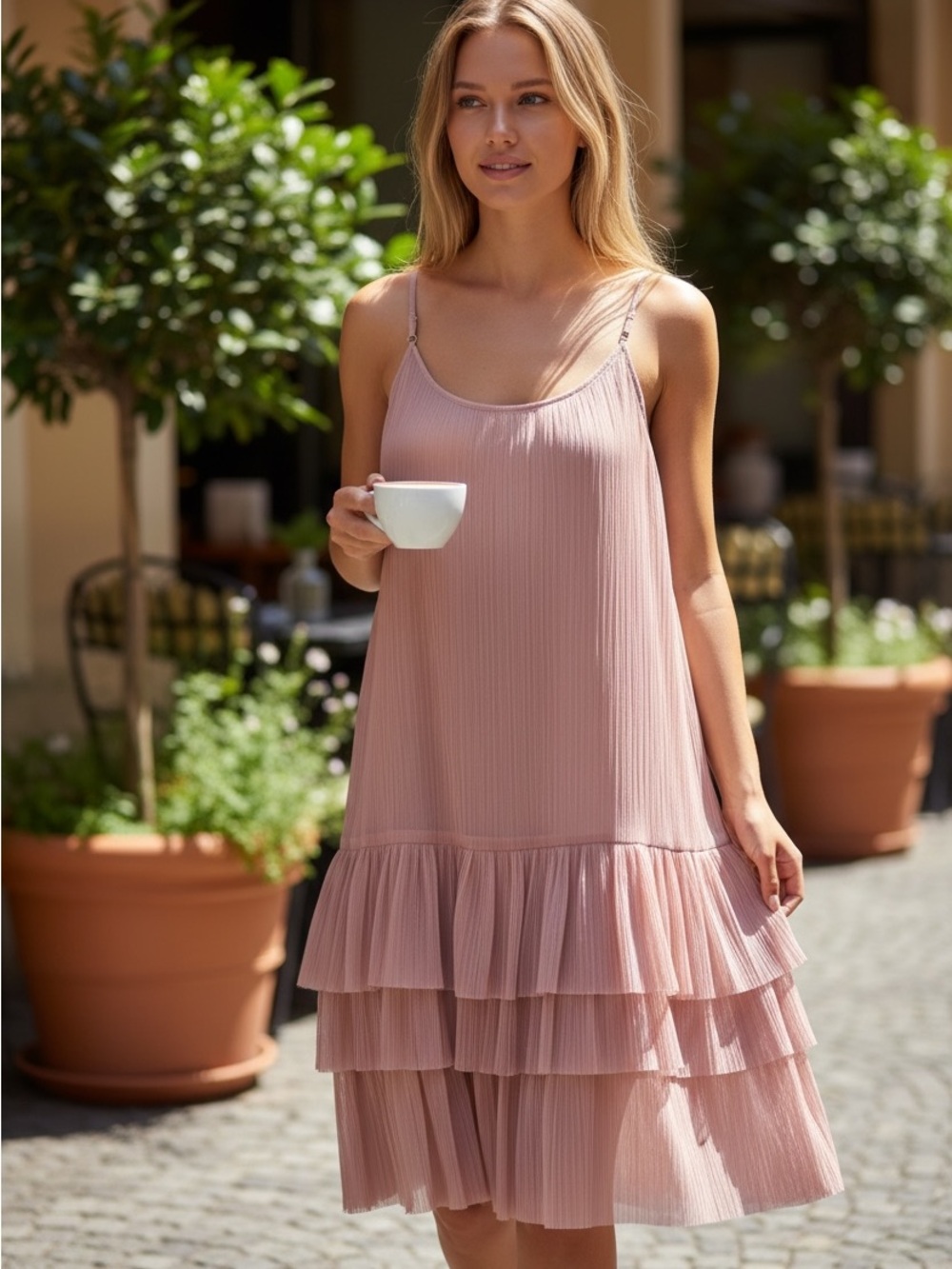 NWT: Romantic slip dress from BCBG w/sheer tulle overlay and 4-tier ruffle hem